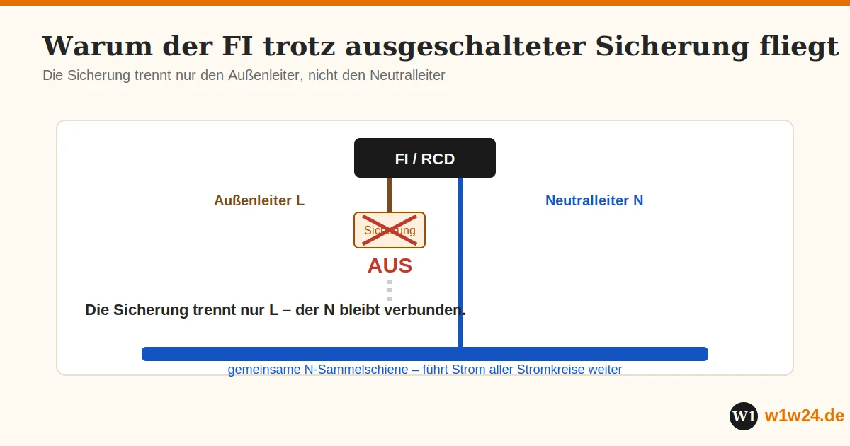 Schema: Die Sicherung trennt nur den Außenleiter L, der Neutralleiter N bleibt über die Sammelschiene verbunden